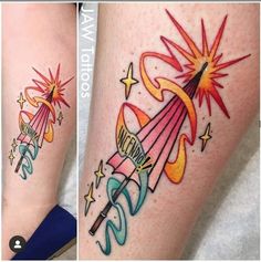 two pictures of tattoos with different designs on their legs, one has a rocket ship and the other has stars