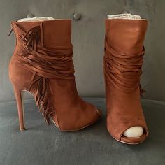 Rust Color Soft Suede Boots With Fringe Detail. Peep Toe. Never Worn New In Box Brown Footwear, Shoe Types, Boots With Fringe, Just Fab Boots, School Guide, Trendy High Heels, Golden Shoes, Cute Shoes Heels, Hot Boots