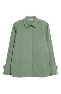 The Italian house brings its signature elegance to a stretch-cotton shirt crafted with a clean hidden placket and detailed with an understated embroidered logo. Front button closure Spread collar Long sleeves with button cuffs 96% cotton, 4% elastane Dry clean Made in Italy Designer Clothing Classic Green Shirt For Work, Spring Cotton Blouse With Concealed Placket, Spring Workwear Shirt With Hidden Button Closure, Solid Tops With Placket For Workwear, Cotton Top With Concealed Placket For Spring, Cotton Button-up Top With Hidden Closure, Cotton Tops With Concealed Placket For Workwear, Solid Color Shirt With Placket For Work, Workwear Shirt With Placket