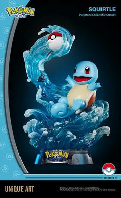 the pokemon figurine is displayed in front of a black background with blue water