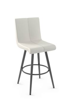 an upholstered white stool with black legs