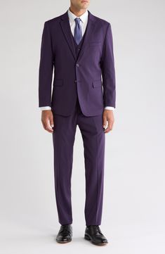 Bring understated elegance to the table in this three-piece suit crafted from rich fabric in a classic single-breasted silhouette. Jacket has notched lapels; chest welt pocket; front flap pockets Vest has front button closure; V-neck Pants have zip fly with button closure; front slant pockets; back button-welt pockets Jacket and vest are lined; trousers are lined to the knee 65% polyester, 35% viscose Dry clean Imported Suit has a 6” drop, meaning that a size 38R jacket is paired with size 32 pa Pocket Vest, Concert Looks, Rich Fabric, Three Piece Suit, Pocket Jacket, Sports Blazer, 3 Piece Suits, Suit Separates, Sweaters And Leggings