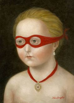 a painting of a woman with a red mask on her face and necklace around her neck