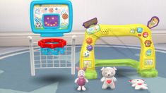 two toy animals are standing in front of a baby's play area with toys