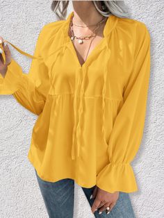 Women's Lace up V-neck Ruffle Long Sleeved Casual Shirt Blouse Fall V-neck Top With Ruffle Hem, V-neck Solid Color Tops For Brunch, Casual Ruffled Split Neck Blouse, Casual Billowy V-neck Tops, Chic Split Neck Blouse With Ruffles, Fall Solid Top With Ruffles, Solid Ruffled Tops For Fall, Chic Ruffled Split Neck Blouse, Billowy Casual Ruffled Tops