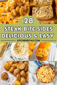 Collage of various recipes like potatoes, mac and cheese, and muffins with graphic overlay. Best Sides For Steak, What To Serve With Steak, Sides For Steak, Homemade Chicken Fried Rice, Steak Lunch, Steak Sides, Steak Bites Recipe, Fluffy Dinner Rolls, Delicious Sides