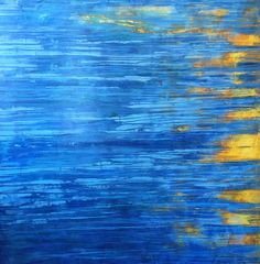 an abstract painting of blue and yellow water with sun reflecting on the water's surface