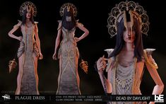 three different views of a woman in an elaborate dress and headdress, from the dead by daylight video game