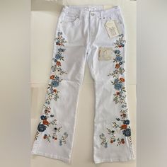 Stretchy And Soft. Flared Bottom With Side Embroidery. Fitted Cotton Jeans With Multicolor Embroidery, Spring Stretch Jeans With Floral Embroidery, White Embroidered Cotton Jeans, Spring Cotton Jeans With Multicolor Embroidery, Multicolor Embroidered Cotton Jeans For Spring, Spring Multicolor Embroidered Cotton Jeans, Fitted Jeans With Multicolor Embroidery For Spring, Summer Embroidered Stretch Jeans, Summer Stretch Embroidered Jeans