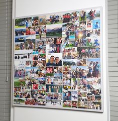 a large collage of photos is hanging on the wall