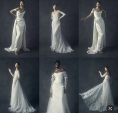 four different shots of a woman in white wedding dress with her hands on her hips