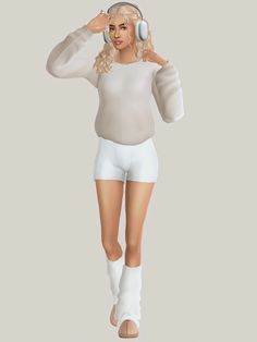 a woman in white shorts and headphones walking with her hands on her ears as if listening to music