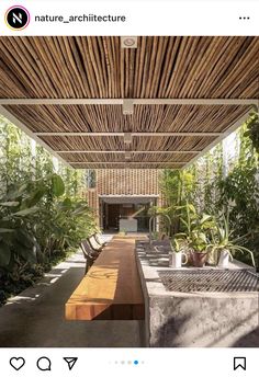 the inside of a house with plants and benches on it's sides, as well as a bamboo roof