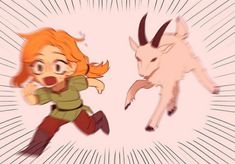 a girl running next to a goat on top of a white background with rays around her