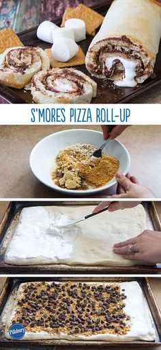 the process for making s'mores pizza roll - up is shown in three different stages