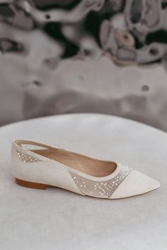 Ivory Wedding Flats With Sequin and Bead Embroidery on Soft White Mesh, Suede Wedding Shoes With Flat Heel, Bridal Shoes Pointy Toe - Etsy Ukraine Embellished Flat Heel Wedding Shoes, White Pointed Toe Flats For Evening, White Closed Toe Pointed Flats For Party, White Closed Toe Flats For Party, White Low Heel Ballet Flats For Party, White Pointed Toe Flats For Party, Elegant Almond Toe Wedding Flats, Party Cream Closed Toe Flats, White Pointed Toe Flats For Wedding