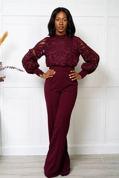 Burgundy long sleeve crochet top jumpsuit. 95% Polyester 5% Spandex Model is wearing a small Elegant Stretch Jumpsuits And Rompers For Fall, Chic Long Sleeve Jumpsuits And Rompers For Fall, Stretch Jumpsuits And Rompers For Date Night In Fall, Elegant Long Sleeve Jumpsuits And Rompers For Fall, Fall Long Sleeve Jumpsuits And Rompers For Night Out, Long Sleeve Jumpsuits For Date Night In Fall, Elegant Long Sleeve Non-stretch Jumpsuits And Rompers, Long Sleeve Jumpsuits And Rompers For Work In Fall, Fitted Jumpsuits And Rompers For Fall