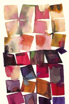 an abstract painting with many different colors and shapes on it, including squares in the middle