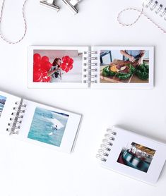 three photos are placed next to each other on top of a white table with red balloons