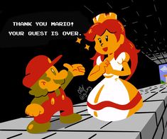 an image of a cartoon character giving another character a hug on the cheek and saying thank you mario your quest is over