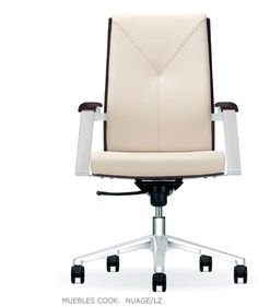 a white office chair with brown trim on the armrests and seat padding