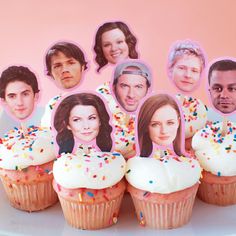 cupcakes decorated with photos of people and sprinkles