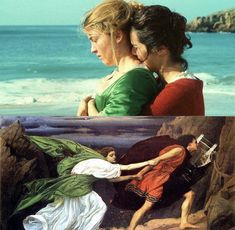 two paintings of women on the beach and one with her arms around another woman's back