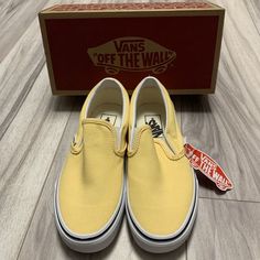 Vans Women's Classic Slip On Golden Haze Yellow True White Shoes Size 6 New In Box Yellow Sneakers With Rubber Sole For Spring, Yellow Slip-on Sneakers For Spring, Yellow Low-top Canvas Shoes For Spring, Yellow Slip-on Low-top Sneakers, Yellow Slip-on Canvas Shoes For Spring, Spring Yellow Canvas Shoes With Rubber Sole, Yellow Summer Sneakers, Comfortable Yellow Sneakers For Spring, Yellow Lace-up Canvas Shoes For Spring