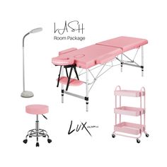 pink portable massage table and stools with text overlay that reads, igash room package