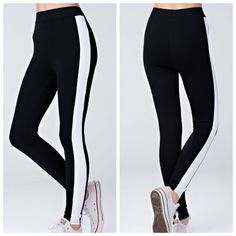 New Track Pant With Athletic White Stripe. 87% Nylon 13% Spandex. Also Available With A Red Stripe On Another Listing. Wild Honey By Honey Punch White Athleisure Bottoms With Contrast Color, Trendy Fitted Bottoms With Contrast Color, Black Activewear With Contrast Trim, Trendy Stretch Color Block Bottoms, Athleisure Stretch Pants With Side Stripes, Fitted Bottoms With Contrast Color For Spring, Casual Stretch Pants With Contrast Color, High Waist Stretch Pants With Elastic Side Panels, Sporty Stretch Pants With Side Stripes