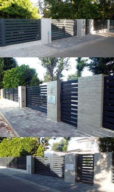 three different views of a modern gated area with trees and bushes in the background