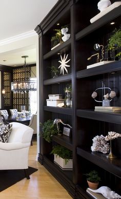 a living room filled with lots of black and white bookshelves covered in plants