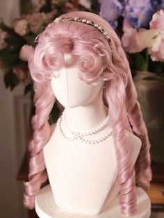 Elegant Lolita Roman Curly Wig.  This wig features a Roman curls design, with each curl meticulously crafted from individual strands of hair, varying in length to create a more layered and natural look. The side-parted curly bangs further enhance and flatter the face shape.  The price includes one wig only. Wavy Pink Hair, Pink Wavy Hair, Rococo Hairstyles, Curls Wigs, Hair Claims, Pink Hairstyles, Vampire Hair, Oc Hair, Pretty Hair Cuts