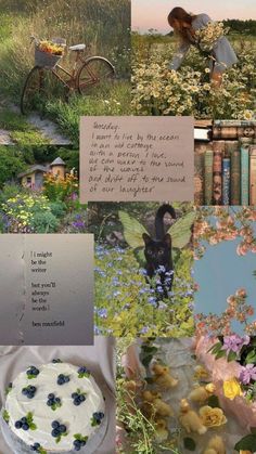 a collage of pictures with flowers, books and a fairy tale written in it