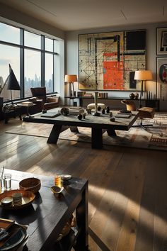 a living room filled with lots of furniture and large windows overlooking the cityscape