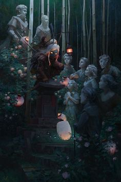 an image of a group of statues in the woods with candles lit up on them