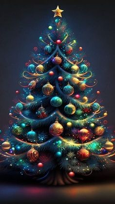 a brightly colored christmas tree with ornaments on it's branches and lights around the base