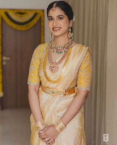 Yellow Muhurtham Saree, Muhurtham Saree, Office Wear Women Work Outfits, Jewellery Styling, Mango Mala, South Indian Bridal Jewellery, Wedding Jewelry Sets Bridal Jewellery, Half Saree Lehenga