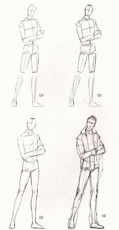 four different types of men's clothing and their measurements, from the front to the back