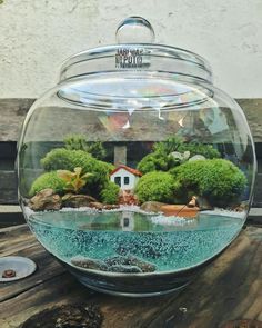 a fish bowl filled with water and plants on top of a wooden table next to a white house