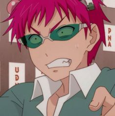 an anime character with pink hair and green eyes pointing to the side while wearing glasses