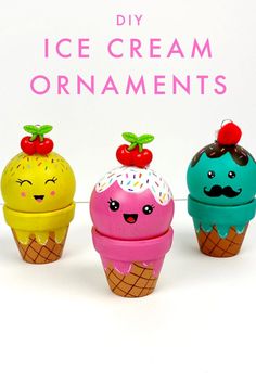 three ice cream cones with faces on them and the words diy ice cream ornaments