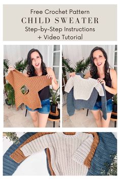 the free crochet pattern for a child's sweater is shown in three different pictures