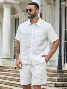 White Casual Collar   Plain  Embellished Non-Stretch  Men Plus Size Clothing White Shirt Outfit For Men, White Party Attire, White Party Outfit, Plus Size Summer Casual, White Shirt Outfits, Shirt And Shorts Set, Party Attire, All White Outfit, Shirt And Shorts