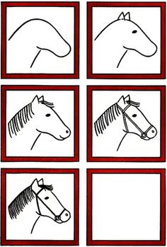 four squares with horses drawn on them in red and white frames, each one has a horse's head