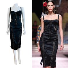 Gorgeous 2019 Dolce + Gabbana corset style dress (shown pinned to mannequin) Black silk + elastane fabric Bustier bra style bust with fitted + padded bust cups Wide adjustable shoulder straps Wiggle style fit with gold grommets + lacing details throughout Knee length tapered skirt Hidden zipper up the back Unlined Marked 42, fits a little larger possibly up to 44, Measurements: Bust 17.5-19 ", Waist 14-15", Hips 18-20", Length 44" Clean + ready to wear Shipping: All shipping prices are through P Luxury Overbust Lined Bodice, Luxury Underbust Bodice For Party, Luxury Fitted Dress With Spaghetti Straps, Luxury Fitted Corset Dress With Corset Back, Fitted Sleeveless Luxury Corset Dress, Luxury Fitted Sleeveless Corset Dress, Luxury Corset Dress With Boned Bodice, Fitted Dresses With Straps And Overbust, Fitted Overbust Dress With Straps