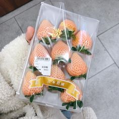 a person holding a package of strawberries in their hands