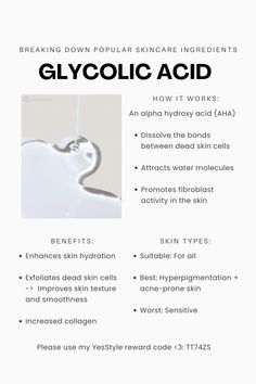 Image represents ~100% version (Though it could be inaccurate). . Ignore: (keywords) Explanation, Skin type, Benefits, How it works, skin, YesStyle Code, Glycolic acid, AHA, hydration, exfoliate, collagen Glycolic Acid Serum, Skin Care Basics, Popular Skin Care Products, Beauty Tips For Glowing Skin