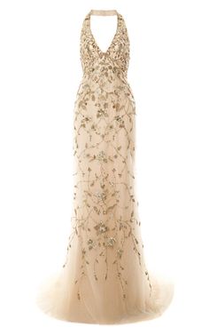 Floral Evening Gown, Halter Neck Gown, Marchesa Gowns, White Tulle Dress, Second Dress, White Evening Gowns, White Embroidered Dress, White Halter Dress, White Evening Dress