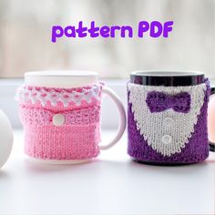 three knitted mug cozyies sitting next to each other